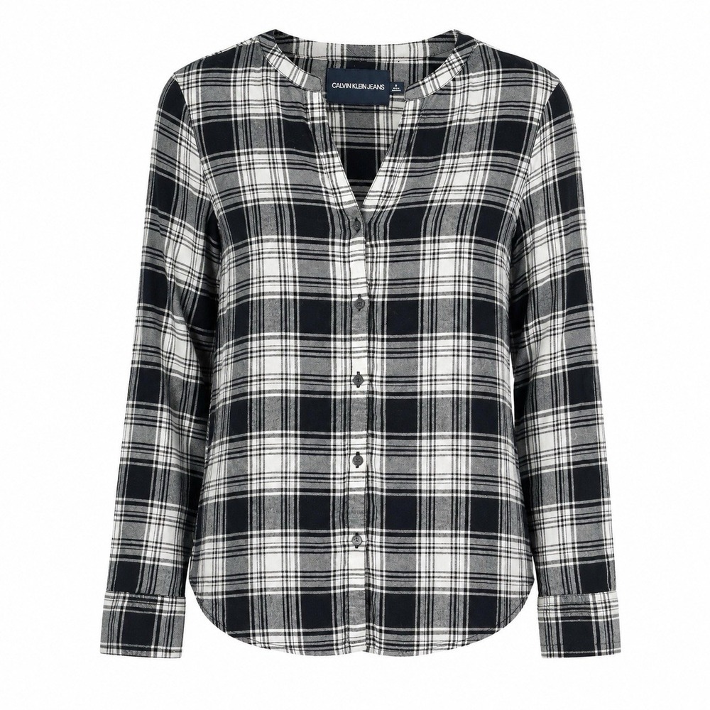 Calvin Klein Jeans Women M Black White Plaid Button Up Blouse Roll Tab Sleeve